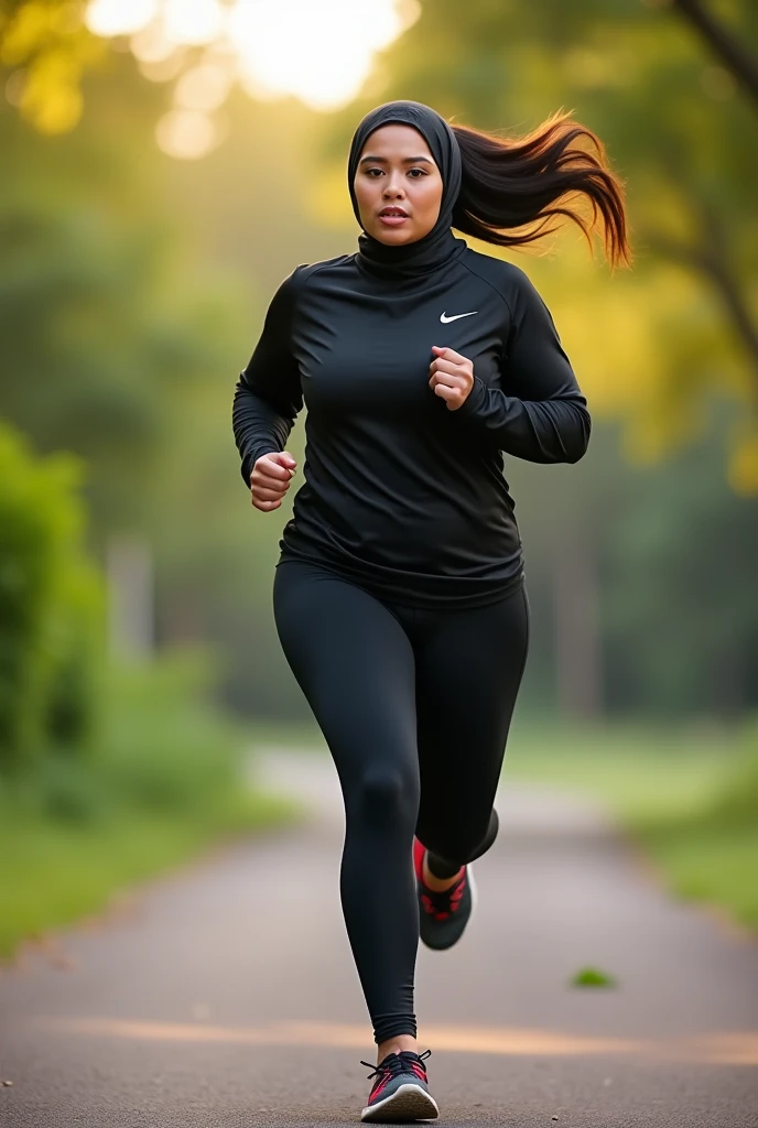 A beautiful chubby indonesian women, natural huge breasts, sensual and seductive expression, wearing longsleeve nike sportswear, nike sport hijab, nike shoes, sweaty body, running on jugging track at city garden in the morning as background detail. look at the viewer, natural light, realistic photography, wide angle shot.