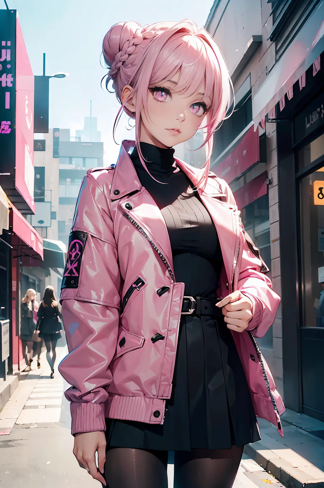 ((1 girl)), latest trend clothes, Street fashion,Stylish jacket, skirt,black tights,cowboy shot,((Super detailed,highest quality, High resolution, 8k wallpaper, beautiful clothes,)),((white brand hair, shortcut,braided bun,asymmetry)) (green eyes),eye shadow, eyeliner,Glow eye, highly detailed eyes, complicated eyes, beautiful eyes, ((shining pink eyes))18 year old girl.