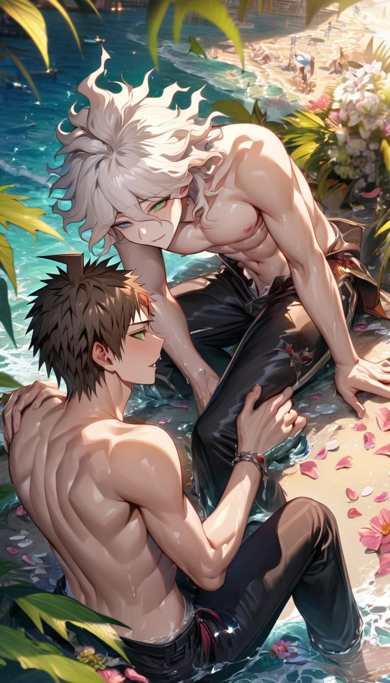 Ultra detailed, HDR, Highres, absurdres, master piece, Hinata Hajime, brown hair, expressive green eyes, without shirt, bare chest, toned chest, Komaeda Nagito, white hair, expressive light gray-green eyes, Danganropa, two sexy man together, handsome, flowers, petals, fantasy, magical, green leaves, handsome, best quality, glittering, sensual, horny, water, beach, gay couple, yaoi, black pants
