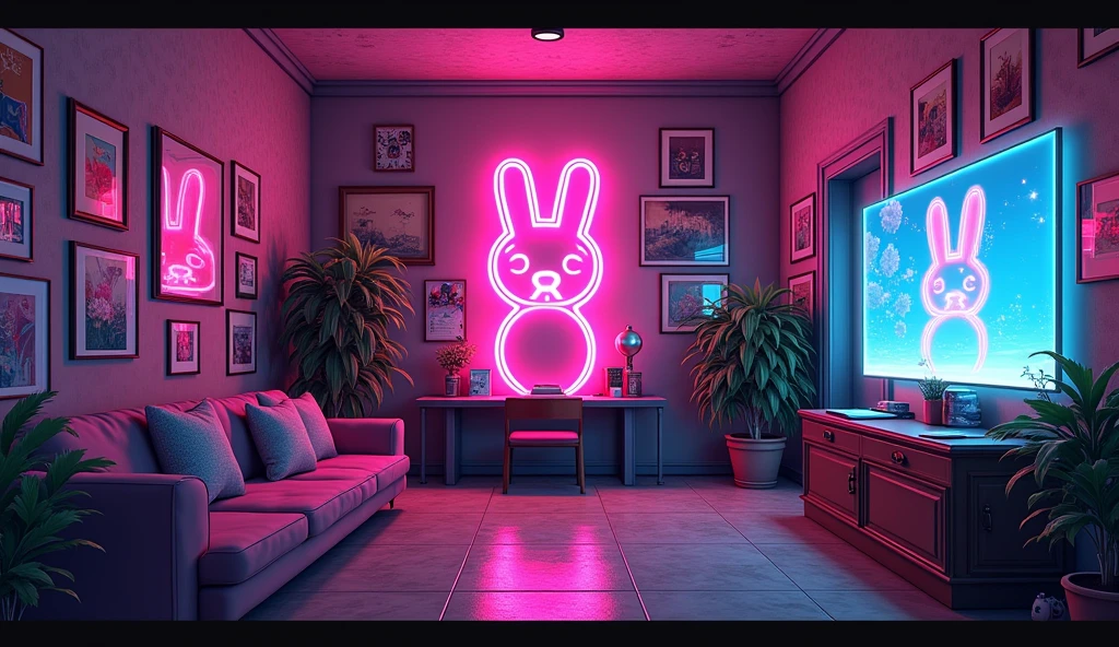 Anime Style、A room decorated with many paintings、Cyberspace、Rabbit shaped neon,hiphop style
