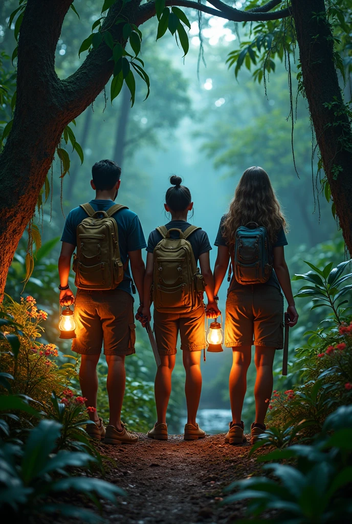 three friends holding lanterns and machetes, ready to explore the jungle. The expression on their faces mixes courage and uncertainty.

