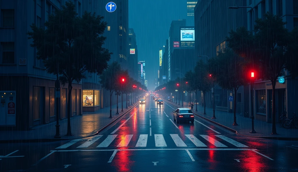 best quality, Illustration, A rainy night street, shower, blinker, crosswalk, animation style, viewed from above