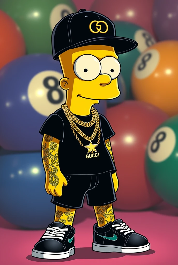 Bar Simpson wearing a Gucci cap, Gucci sneakers, tattoos on the arm, gold chains, black clothes and a background of the 08 pool ball 