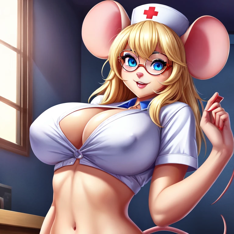 Busty Blonde high school nurse mouse girl, half-moon glasses, ((best quality)), ((masterpiece)), (detailed), perfect face, blue eyes, big breasts, midriff