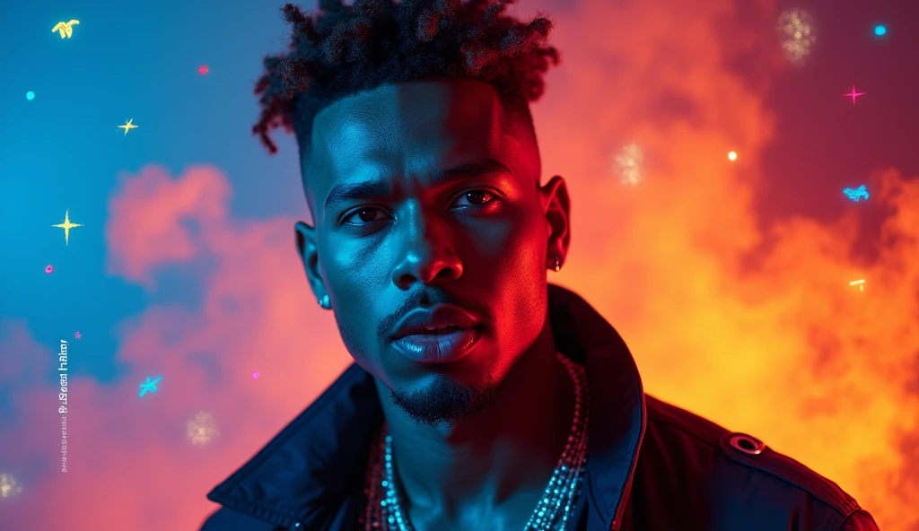 "Create a thumbnail similar to that of American singer Chris Brown's official channel with vibrant and striking colors for a music video. The image must show an artist (a singer) in an expressive and energetic pose, with dramatic lighting that highlights your face and figure. The background should be styled with a bold color gradient or a modern, abstract pattern.. Add some subtle graphics, like play icons or stars, to give an extra touch. The design should be attractive and reflect a modern and professional aesthetic.."