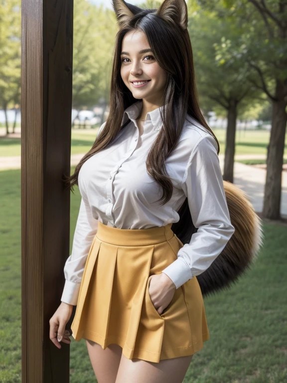 ((Highest quality, 8k)), ((masterpiece)), (Highest Resolution), Perfect Face, Fox Woman, Female college student, Beautiful woman, Outdoor, One tail, she has thick thighs, Her large tail, She has a brown fox tail., She wags her tail, Smiling with teeth showing, Fur collar, She is wearing a short skirt, Big Breasts, Beautiful Hips , A fox tail sticks out from the skirt.