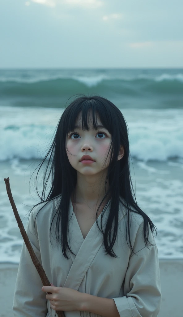 Seaside、Cloudy、Depressed girl、Expressionless、Looking up at the sky、Upper Body、Black Hair、Japanese、Long Hair、Real Stick、