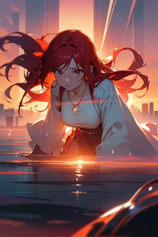 {
  "prompt": "A dramatic anime-style scene featuring a red-haired girl emerging from a glowing, mystical liquid. The liquid seems to be connected to a glowing necklace around her neck, which has a magical aura. She rises from the fluid with a determined expression, her wet red hair clinging to her face. The scene is set against the backdrop of a sunset, with a modern city skyline in the distance, casting long shadows over the area. The liquid itself shimmers with a soft light, and the atmosphere feels charged with energy and mystery as she steps out into this new world.",
