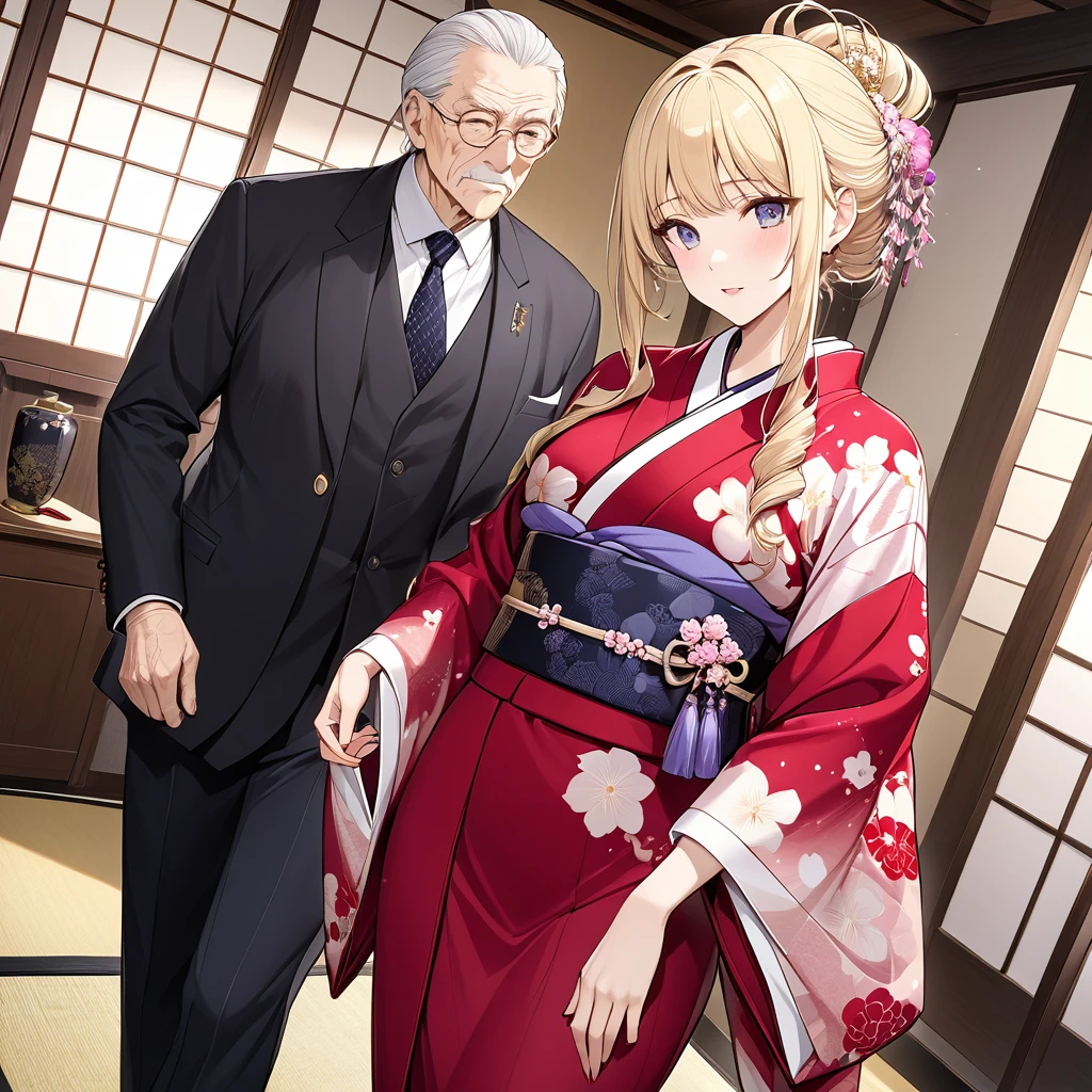 ((Highest quality)), ((masterpiece)), (detailed), (Perfect Face)、The woman is dressed in a luxurious and glamorous kimono, a formal outfit, with blonde shoulder-length hair styled in a traditional Japanese way. She is wearing an engagement ring in Bertille.、A woman is wearing a formal kimono in a Japanese-style room, snuggling up to an elderly man.、The woman is dressed in a traditional Japanese kimono and stands by her elderly husband as a wife.、The old man is wearing an engagement ring
