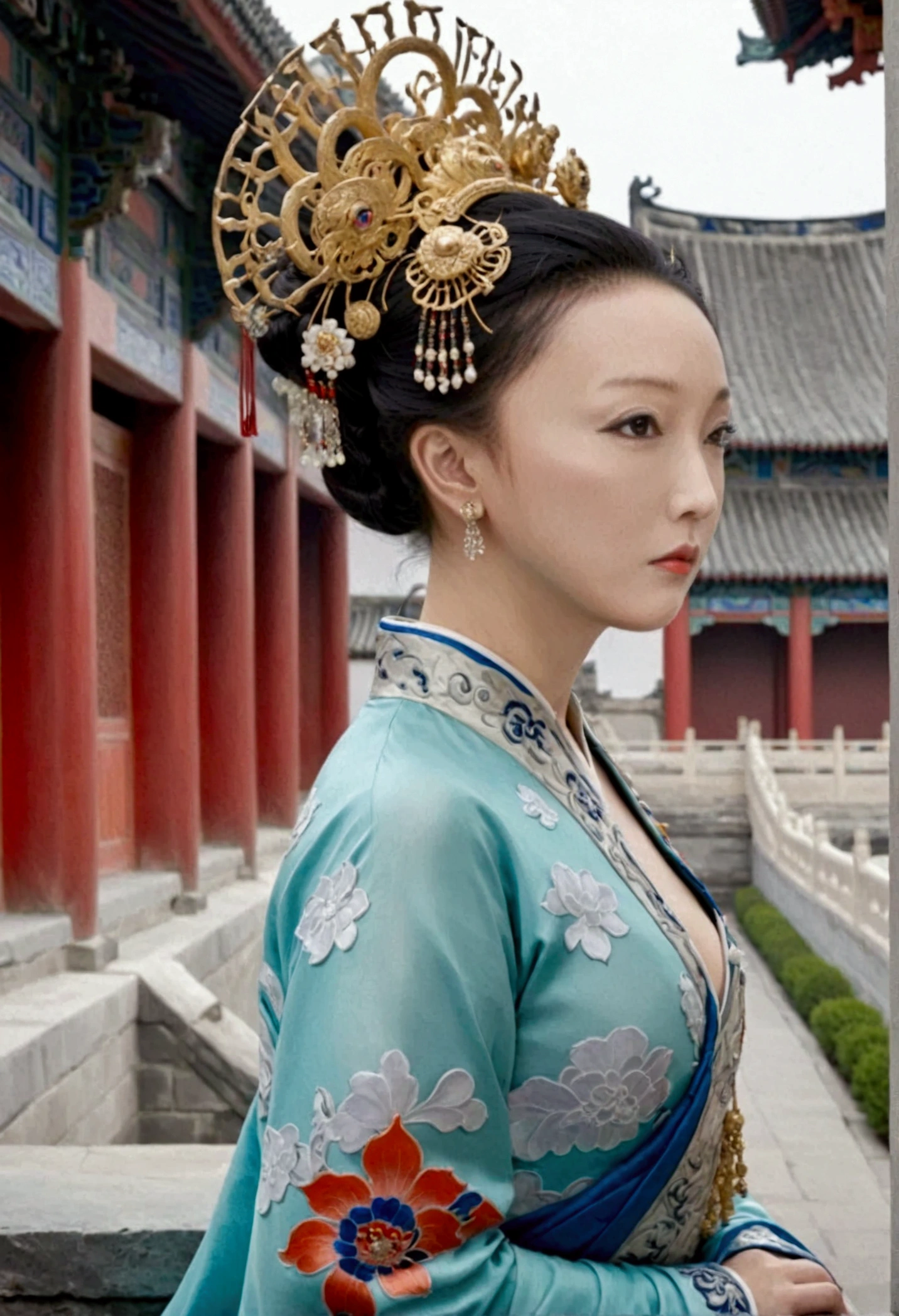 Qing dynasty empress naked and slightly busty, posing on all fours, buttocks protruding from profile, background outside Qing dynasty palace