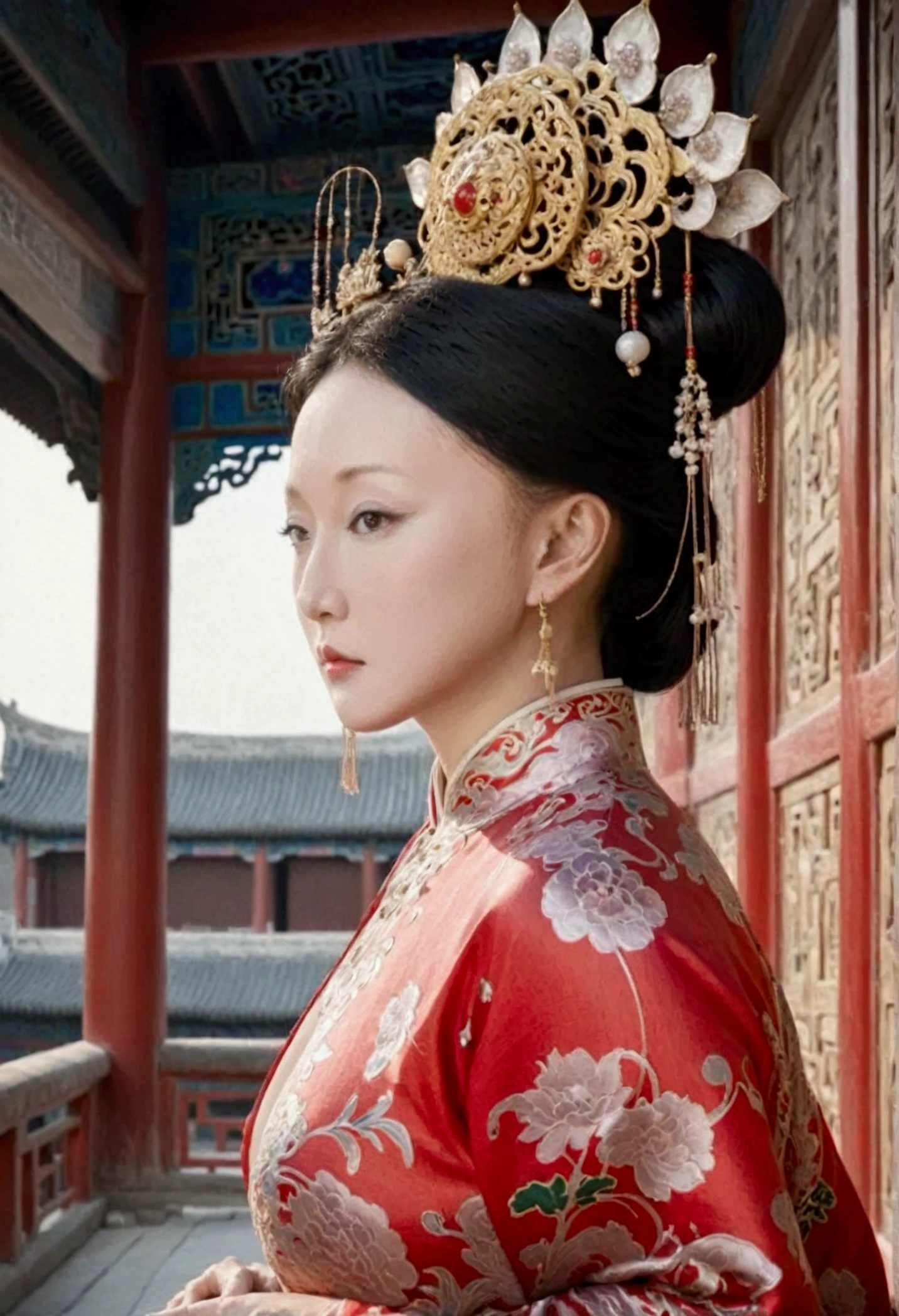 Qing dynasty empress naked and slightly busty, posing on all fours, buttocks protruding from profile, background outside Qing dynasty palace