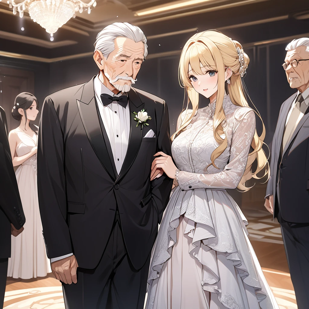 ((Highest quality)), ((masterpiece)), (detailed), （Perfect Face）、The woman is in a luxurious formal dress with blonde, semi-long hair, wearing an engagement ring in Beltiule.、The woman is in formal attire, standing beside an elderly man.、The woman is dressed formally, standing beside her elderly husband as his wife.、The old man is wearing an engagement ring