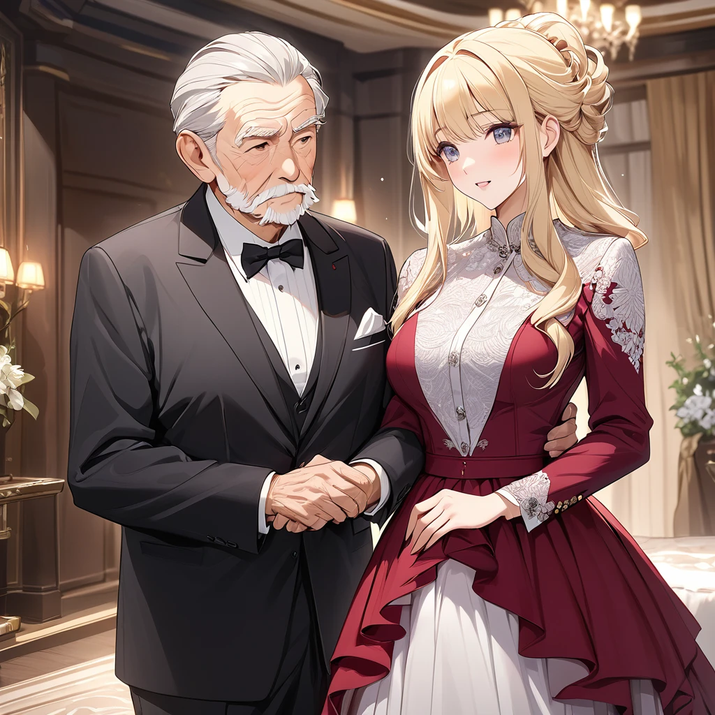 ((Highest quality)), ((masterpiece)), (detailed), (Perfect Face)、The woman is in a luxurious formal dress with blonde, semi-long hair, wearing an engagement ring in Beltiule.、The woman is in formal attire, standing beside an elderly man.、The woman is dressed formally, standing beside her elderly husband as his wife.、The old man is wearing an engagement ring