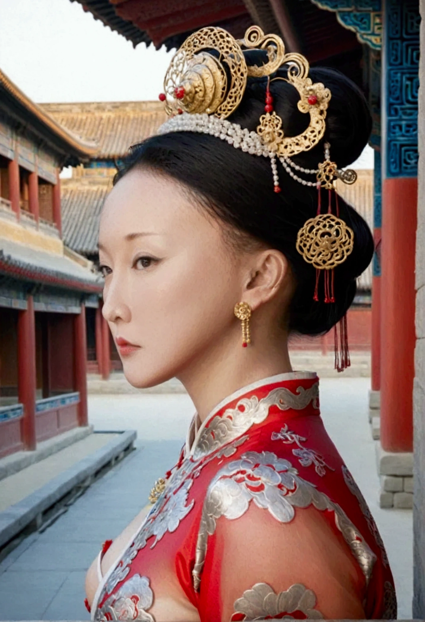 Qing dynasty empress naked and slightly busty, posing on all fours, buttocks protruding from profile, background outside Qing dynasty palace