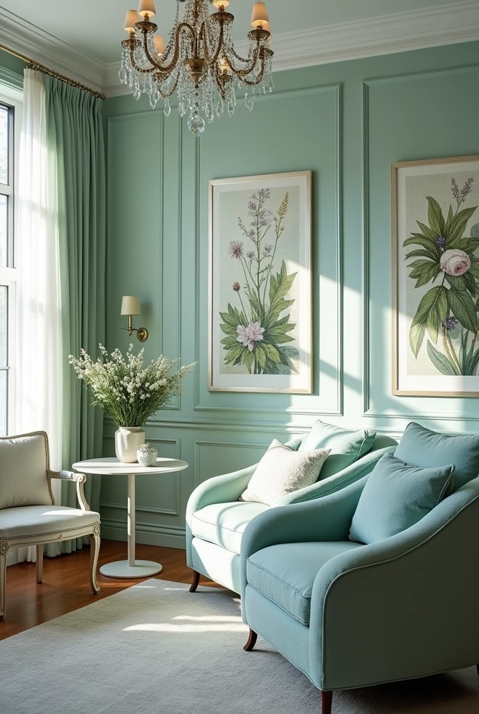 Design a house interior that incorporates the colour periwinkle, crystal teal, and other colours that compliment them