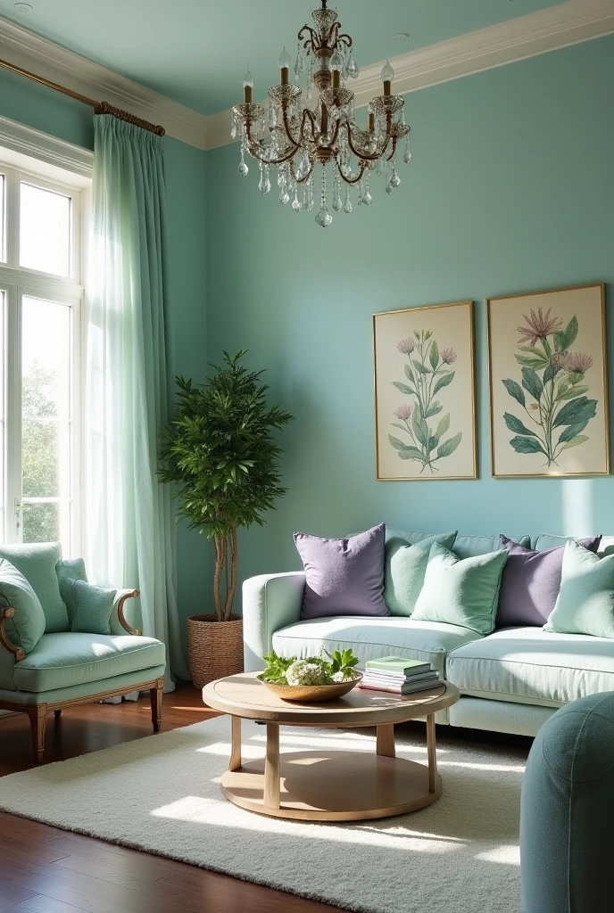 Design a house interior that incorporates the colour periwinkle, crystal teal, and other colours that compliment them