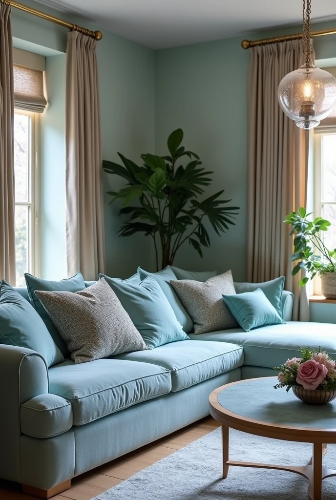 Design a house interior that incorporates the colour periwinkle, crystal teal, and other colours that compliment them 