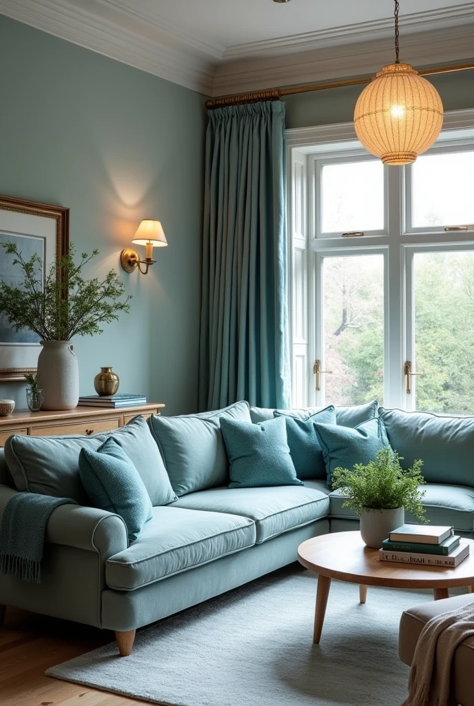 Design a house interior that incorporates the colour periwinkle, crystal teal, and other colours that compliment them