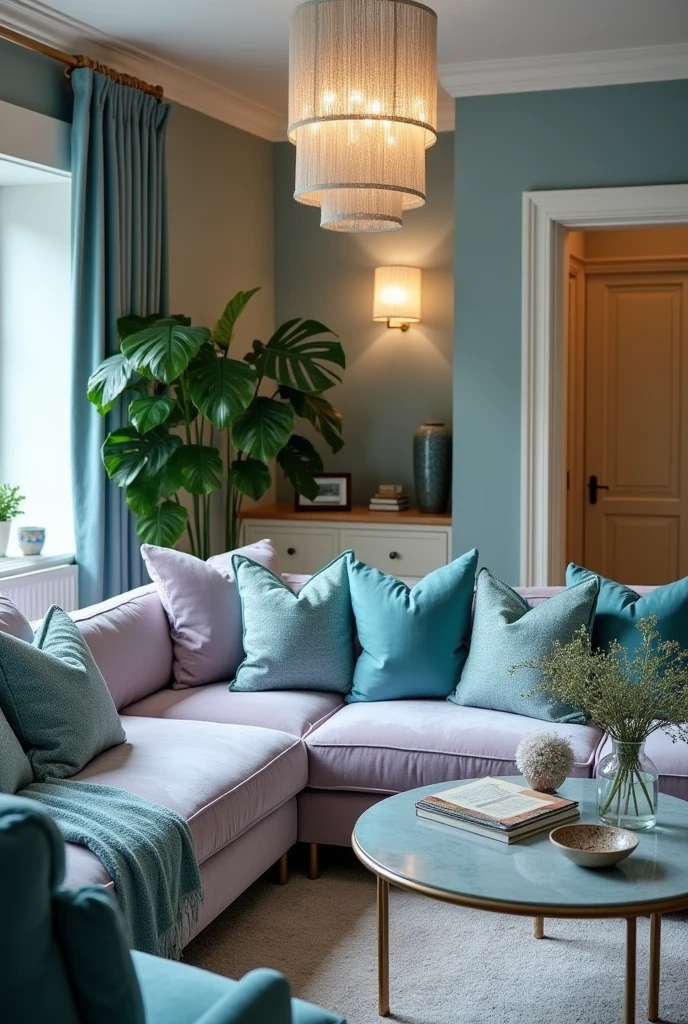 Design a house interior that incorporates the colour periwinkle, crystal teal, and other colours that compliment them 