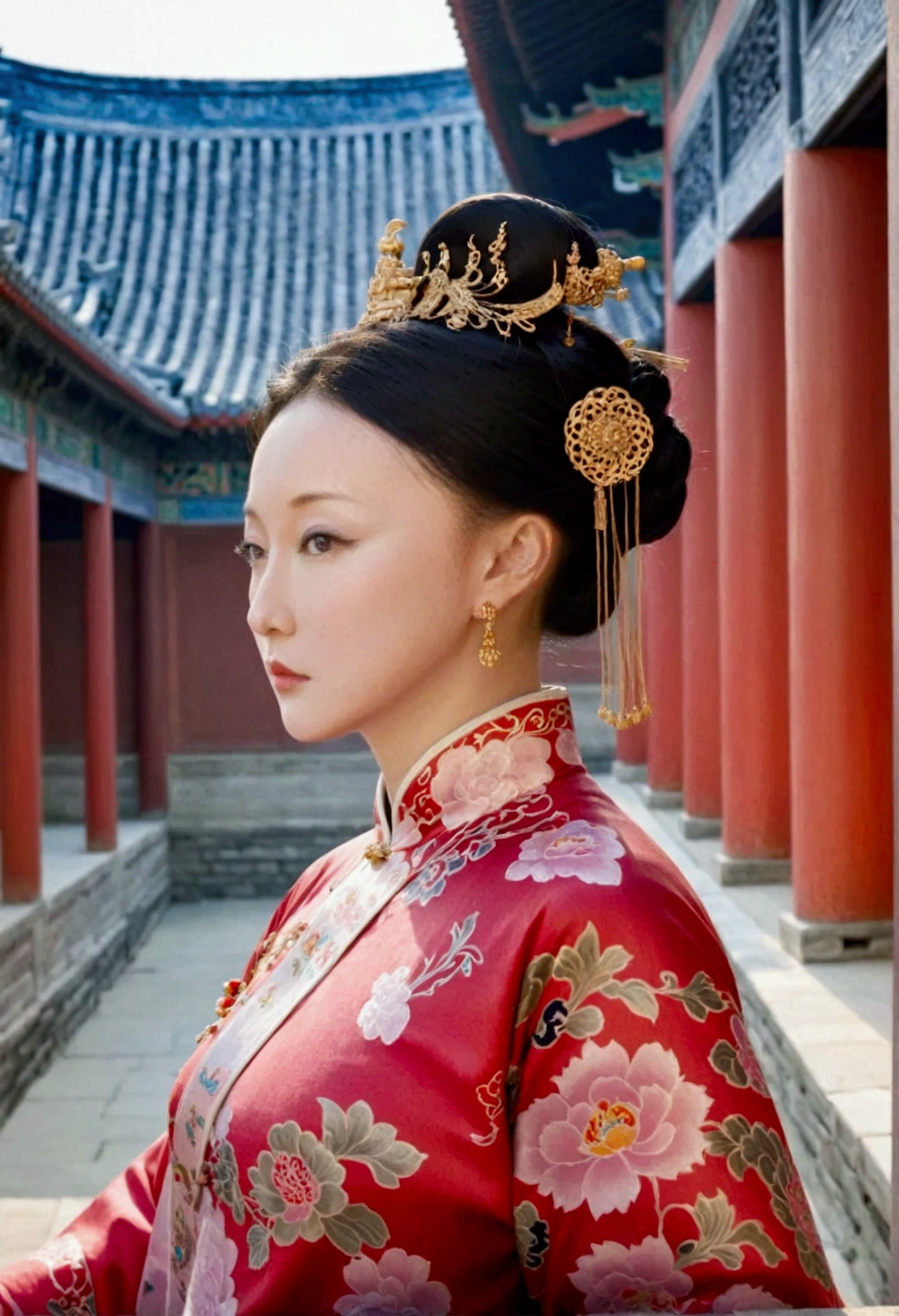 Qing dynasty empress naked and slightly busty, posing on all fours, buttocks protruding from profile, background outside Qing dynasty palace