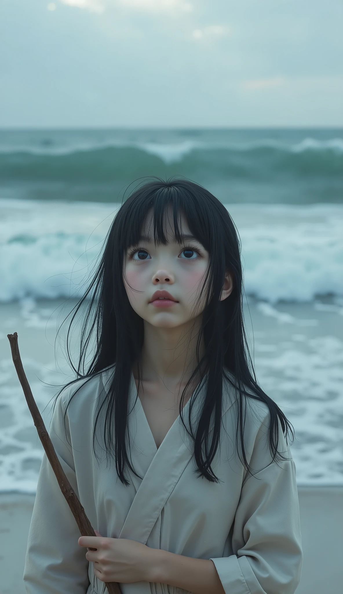 Seaside、Cloudy、Depressed girl、Expressionless、Looking up at the sky、Upper Body、Black Hair、Japanese、Long Hair、Real Stick、