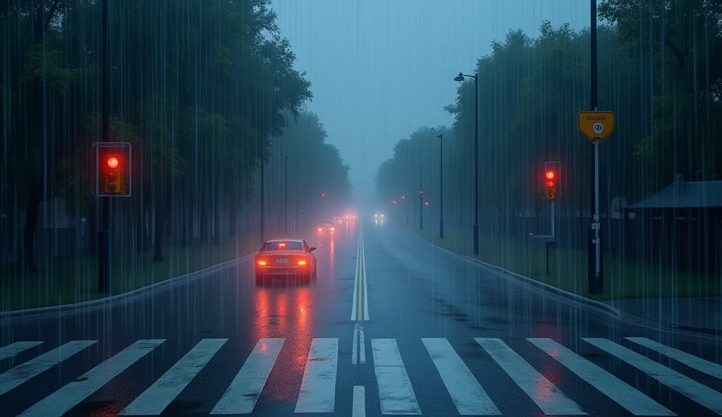 best quality, Illustration, Empty road in the rain, shower, blinker, crosswalk, animation style, Composition from above