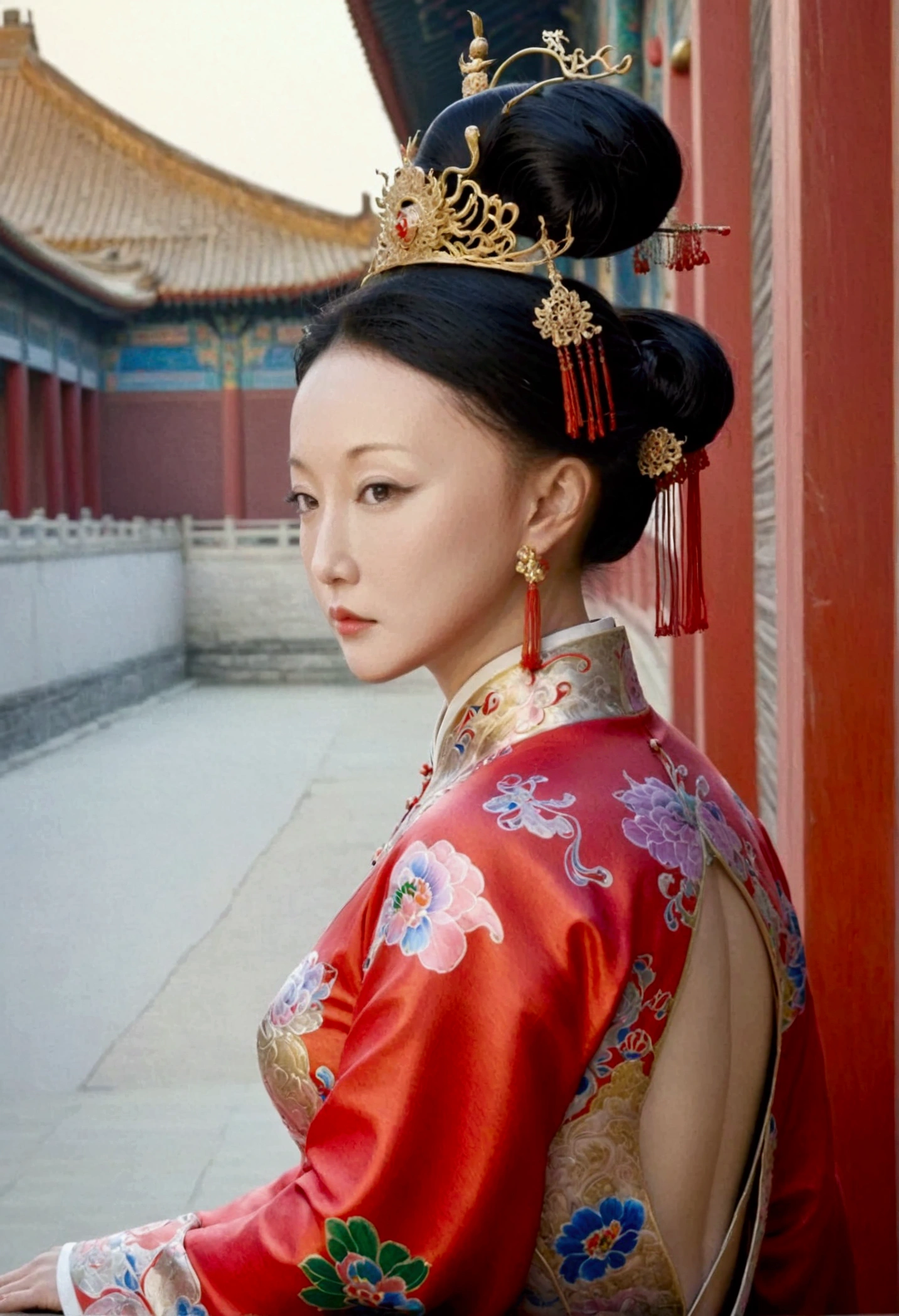 Qing dynasty empress naked and slightly busty, posing on all fours, buttocks protruding from profile, background outside Qing dynasty palace