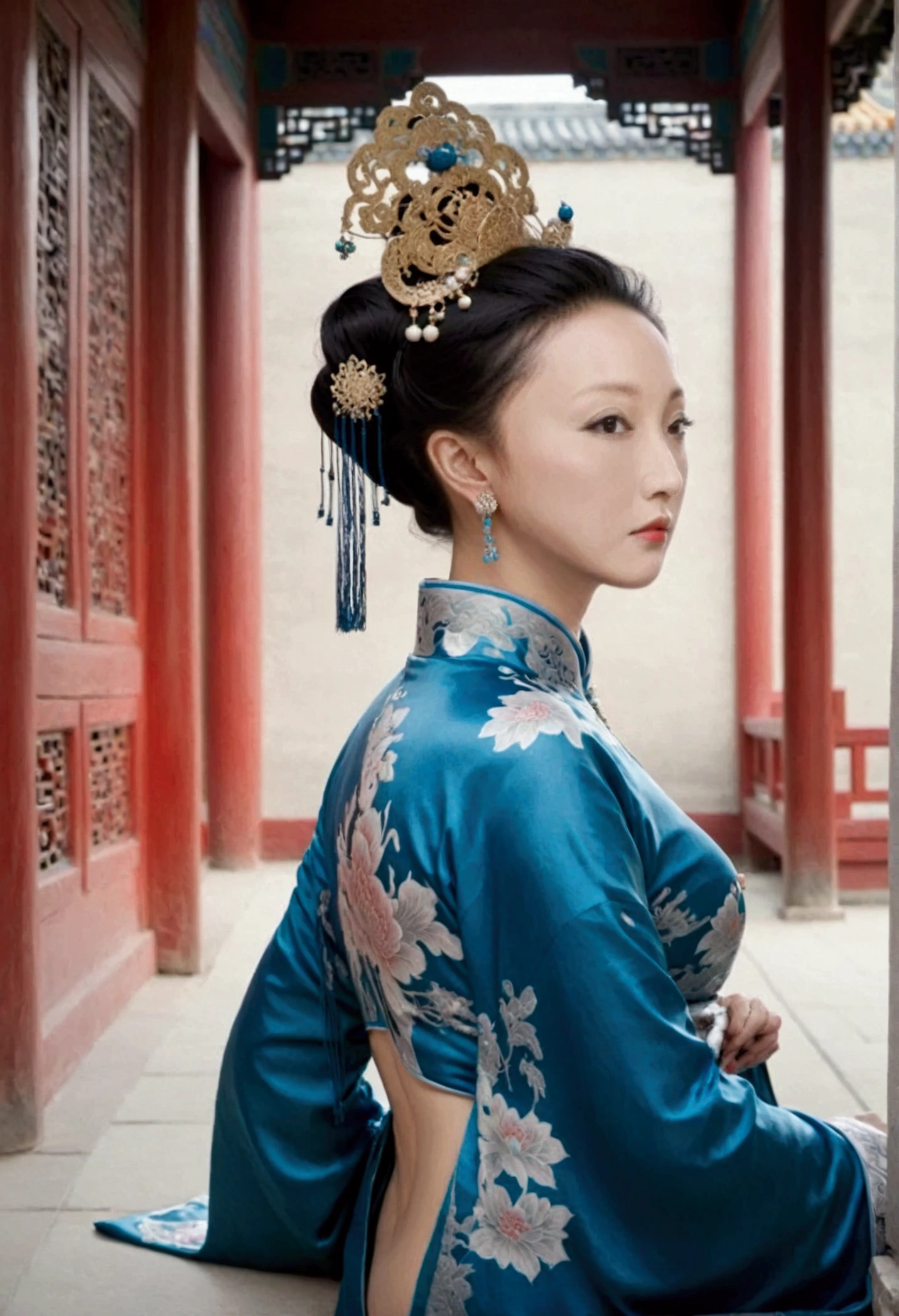 Qing dynasty empress naked and slightly busty, posing on all fours, buttocks protruding from profile, background outside Qing dynasty palace