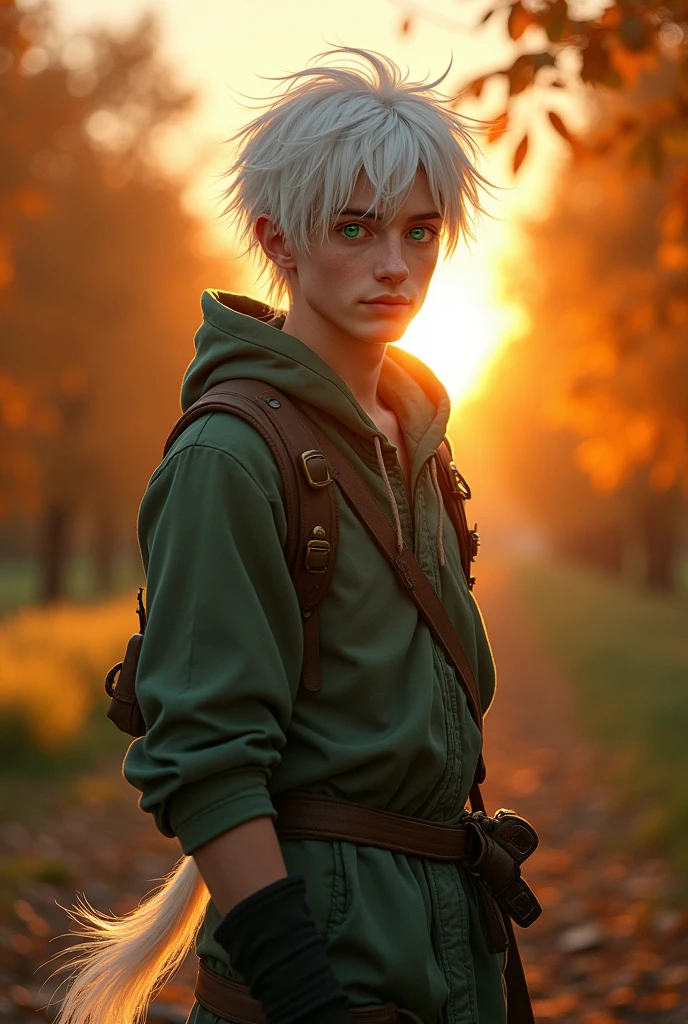 , Young man, White hair, that reached past his waist, was tied in a loose tail at the end, while the rest of the hair flew carelessly behind him, emerald eyes and a mole under her eye.