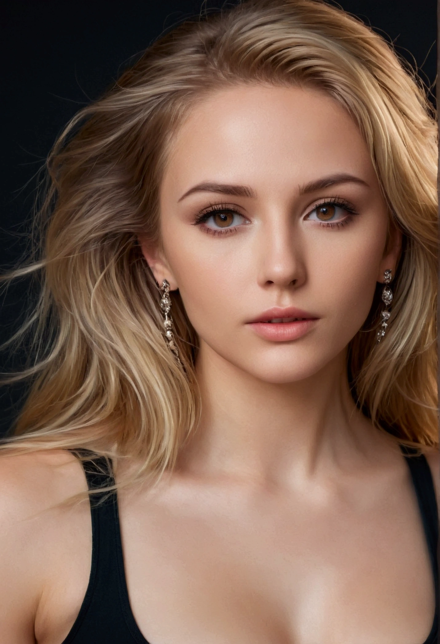 Portrait of a stunning woman with piercing brown eyes and long flowing blonde hair, wearing black tank-top, realistic, intricate details in the clothing and facial features, studio lighting to enhance the depth and realism of the image