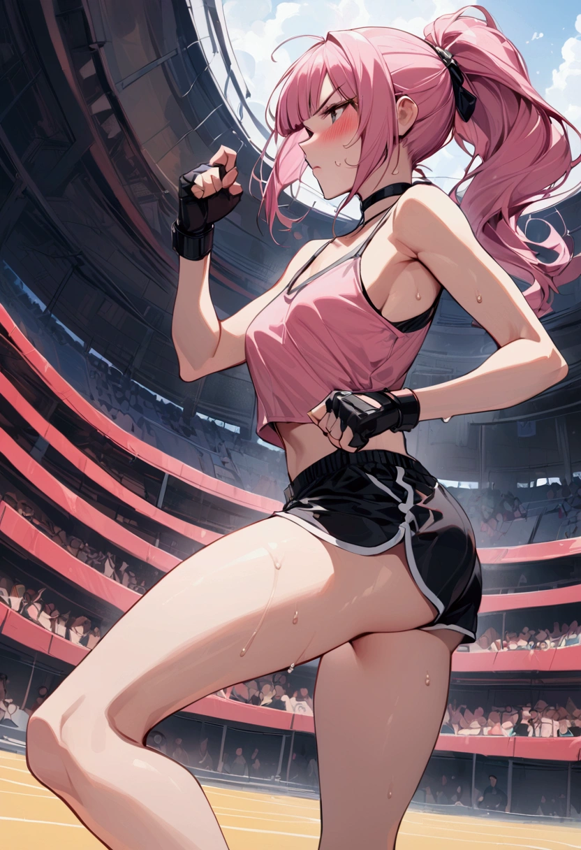 {{masterpiece}}, {{{Highest quality}}},{{Very detailed}}{{female martial artist}},{{Female fighters fighting in a martial arts match..}},{{during a match}},solo,1girl, {{Very slim legs:1.2}},slim body,{{}},{{}},Mature Women,Dynamic composition、Dutch Angle,from side,Focus on thighs,,v-shaped eyebrows.profound,Bad mood,blush,Sweat,{{clavicle:1.4}},{{}},,choker,,,,black fingerless gloves,dolphin shorts, pink hair,Pink camisole, long hair,ponytail Blunt bangs,high-cut sneakers,{{On the ring:1.4}},Small Arena