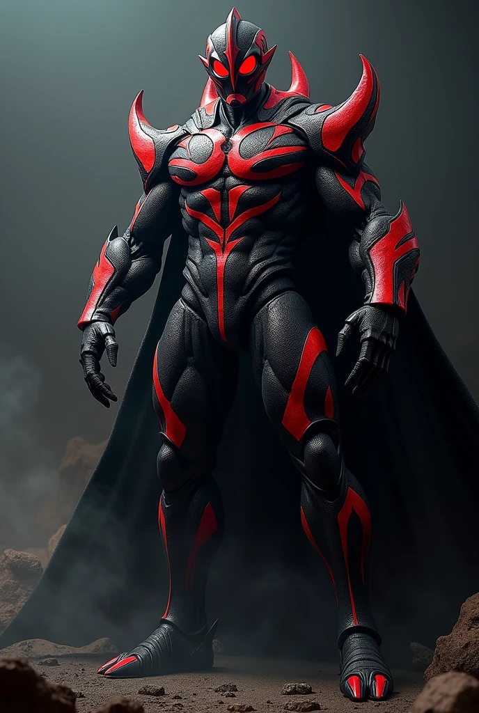 Ultraman、Black and red color scheme、Black as the base with red lines on the body、Muscle Body、villain、A menacing face、Eyes are very sharp and red、Long, sharp claws、whole body muscular、Muscular々、Fall into Darkness、Final Boss、Charisma、Cold、Dark Aura、A hard, strong body、A robust body、Armor-like texture、Atrocious、RAW Photos