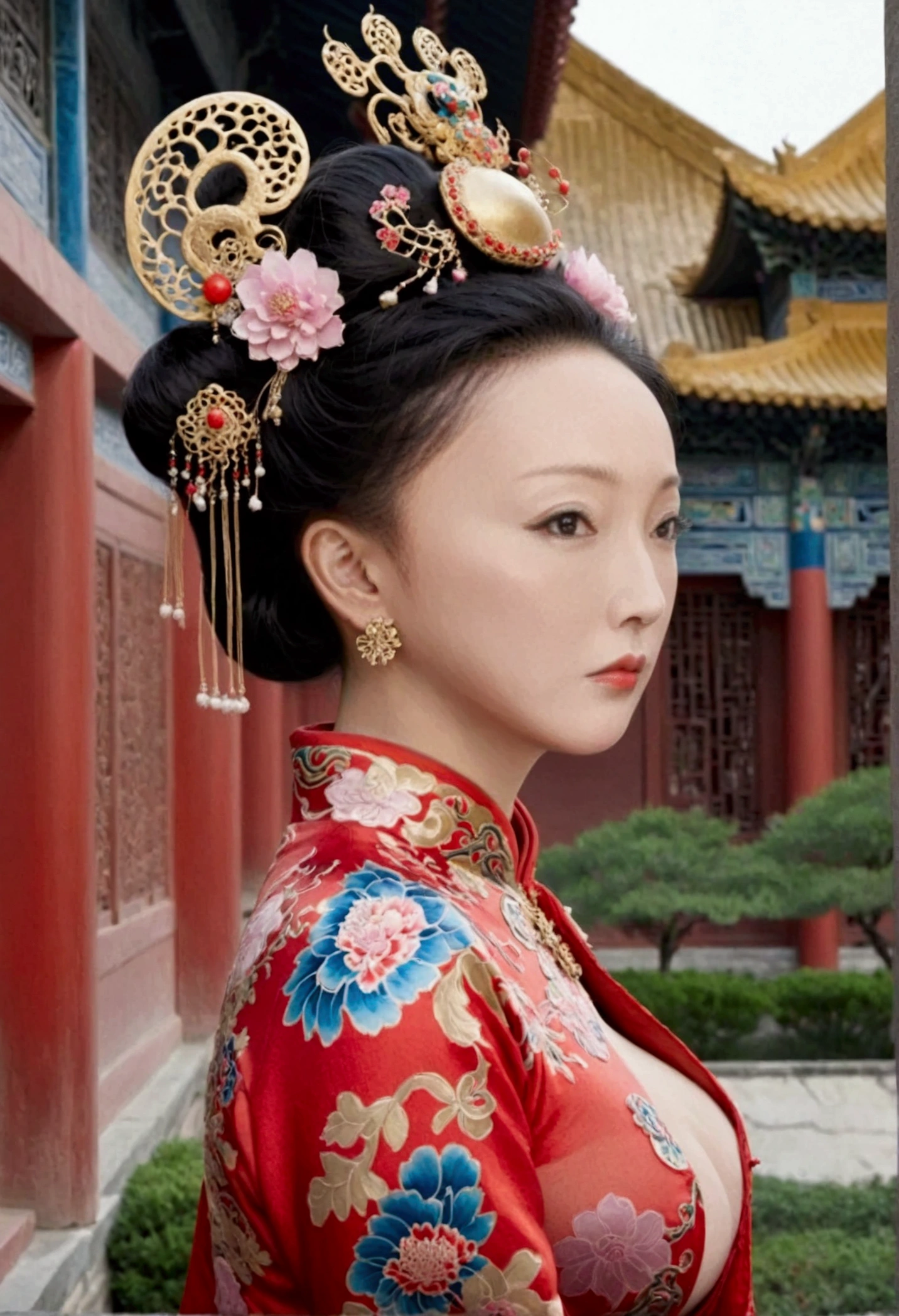 Qing dynasty empress naked and slightly busty, posing on all fours, buttocks protruding from profile, background outside Qing dynasty palace