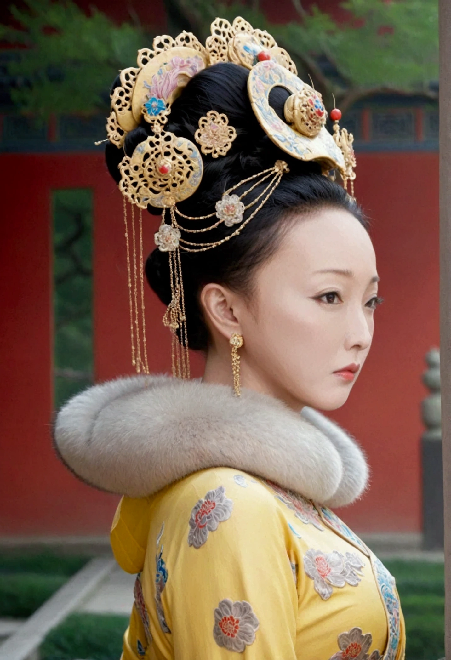 Qing dynasty empress naked and slightly busty, posing on all fours, buttocks protruding from profile, background outside Qing dynasty palace