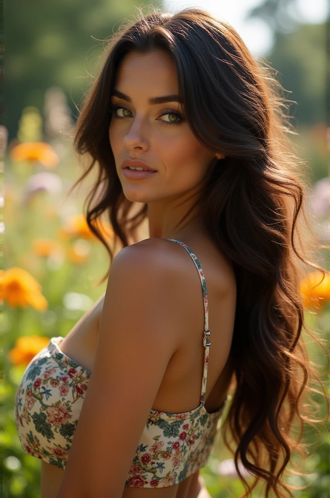 a brunette woman with green eyes, with large breasts and naked