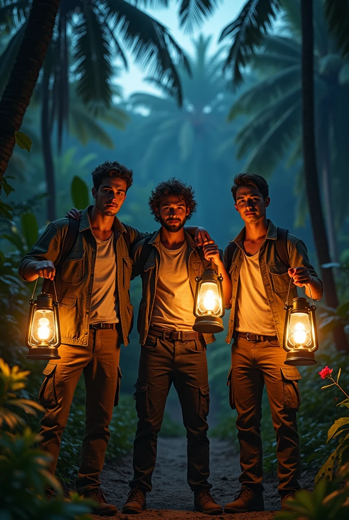 three male friends holding lanterns and machetes, ready to explore the jungle. The expression on their faces mixes courage and uncertainty.