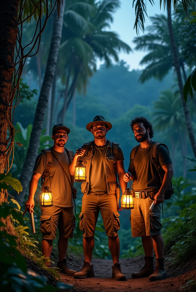 three male friends holding lanterns and machetes, ready to explore the jungle. The expression on their faces mixes courage and uncertainty.