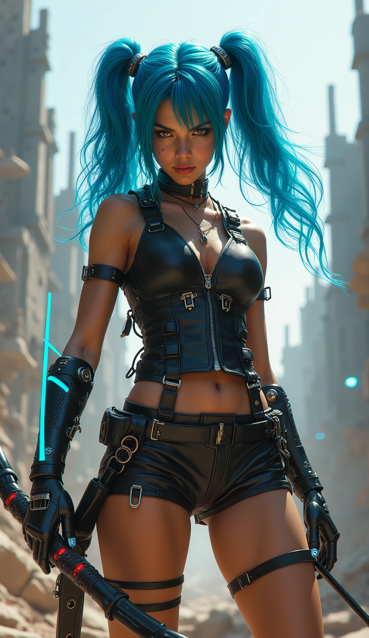 A wide angle, full body shot), (masterpiece, photorealistic:1.4, extremely intricate:1.3), (photon mapping, radiosity, physically based rendering, ultra resolution, hyper-realistic, photorealistic:1.4, hyper-realistic, 8K), ((((humid age 20year, [bodybuilder:supermodel:0.8], (wide eyes, long lashes, Black leather vest, leather shorts and Knee high boots:0.8, etched, engraving)), electric blue eyes), angry, arrogant, BREAK, ((((background is a futuristic battlefield, she is a juggernaut, muscular), mechanical arms, mechanical hips, wires, wiring, (((glowing cybernetic chrome crystal reflections, standing, aiming bow and arrow, cleavage, from below), chrome cyborg headband), dynamic fighting action pose), ultra long wavy ([blue hair: electric blue hair:0.7], volumetric, shadows)))