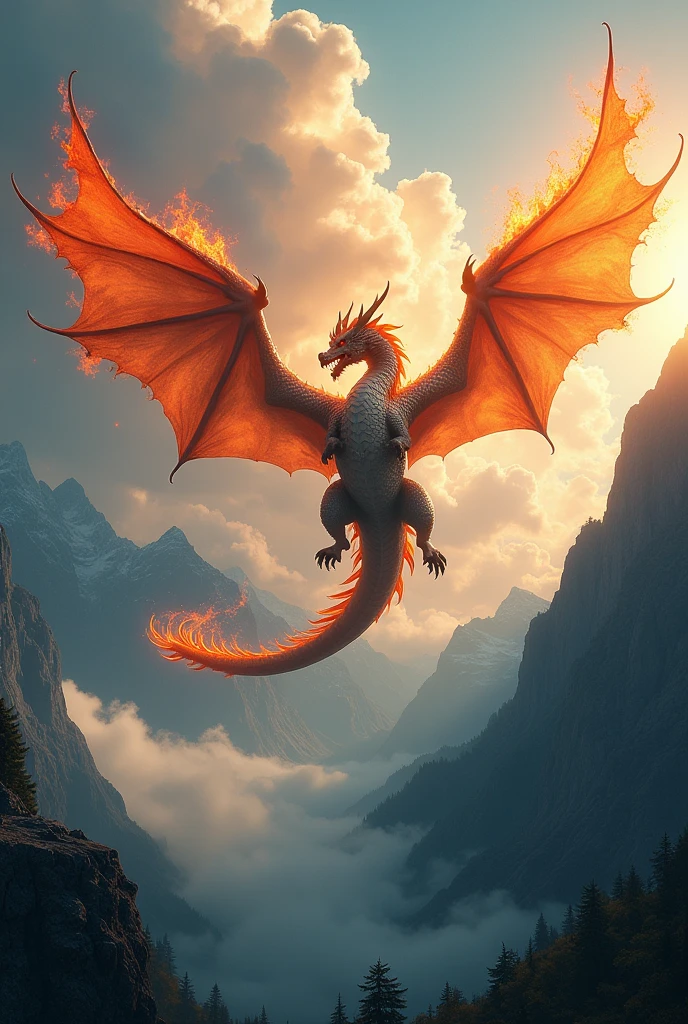 A dragon breathing fire has wings and is flying