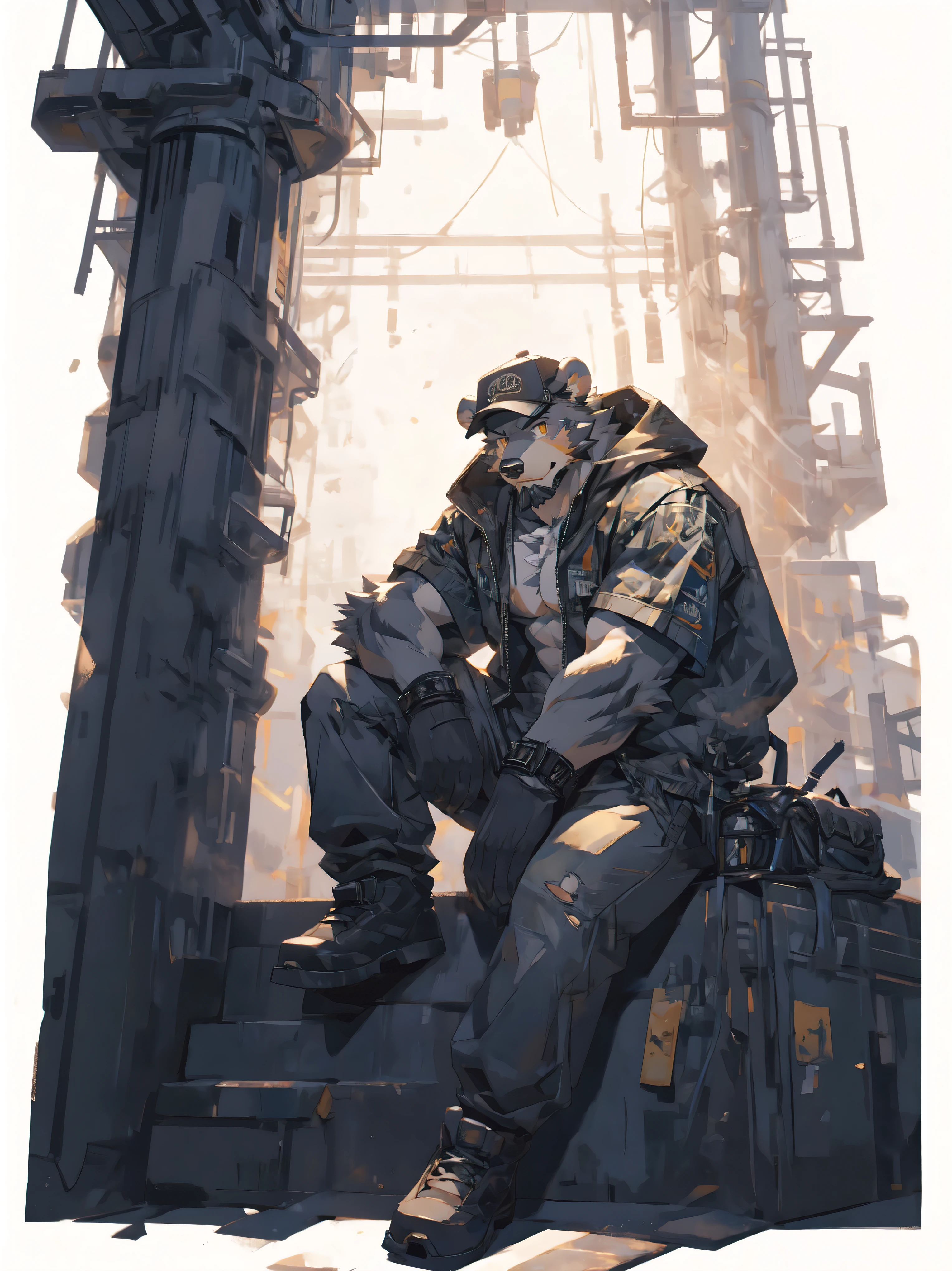 (masterpiece:1.2), best quality,pixiv,official art,perfect anatomy, (Ray tracing, light),solo, (1_male:1.3) , (muscle), (grey fur:1.4), (muscle bear), (beard:1.2), (gleaming golden eyes), bear tail, full body, Thick black eyebrows, baseball cap, (open short hoodie), (naked inside),Ripped short jeans, black short boots, (pure white background: 1.3),sit in the train, window, sea out of window