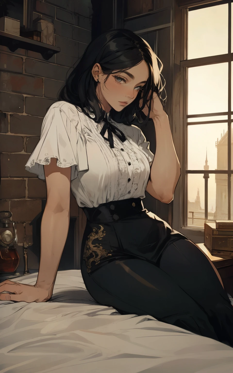 man, abs, male, male face, attractive, thin, ((1man)), masterpiece, sitting, cool pose, steampunk clothes, absurd details, best quality, intricate details, (shiny skin, shiny body, bright skin,, bright hair, pale skin tone), old castle, sunset, attractive, adult, one, don't look at the sight, don't look at the view, don't look at the view, short black hair, perfect detailed face, perfect detailed hands, blue eyes, ((MLS)), medium large outbreak
