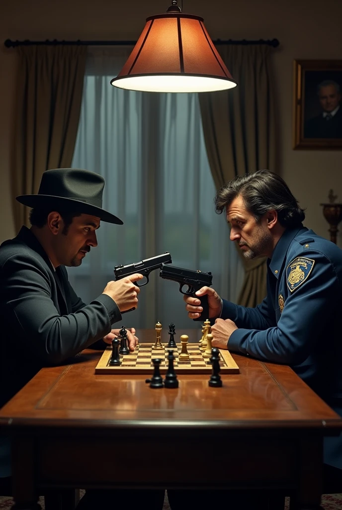 Draw a policeman and a robber pointing a gun at each other staring at each other sitting at a table playing chess
