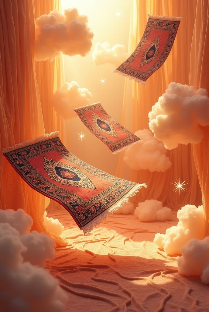 Hand made rugs floating in the air, soft orange lighting background