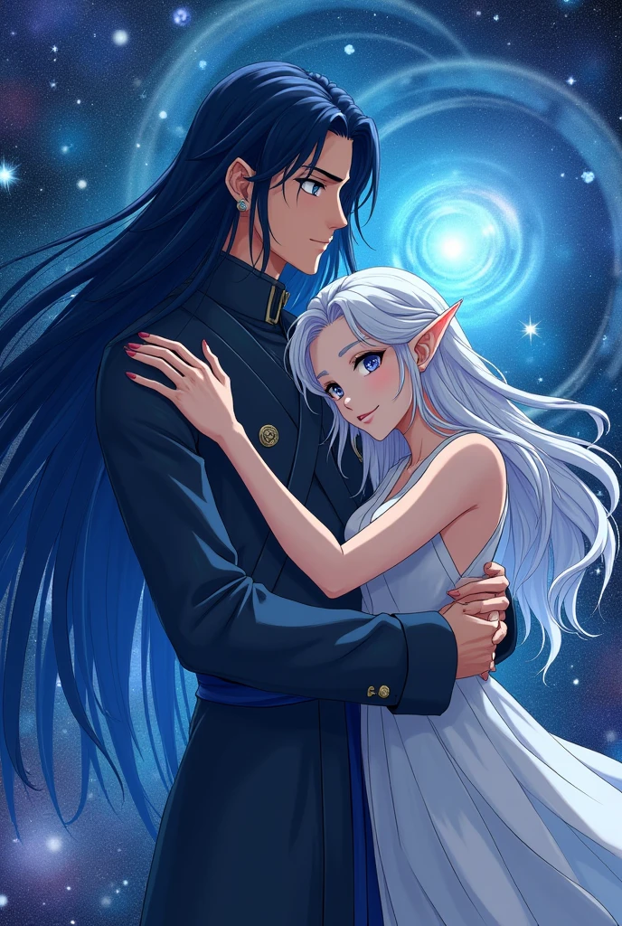 put the name: (The Eminent Divine Spirit), written in the drawing. Create a character, masculine (ten mens) in Japanese ANIME style, IN a cosmic environment, long black hair with a cobalt blue streak in one hair, cobalt blue eyes. holding/Hugging an adult silver-haired elf.