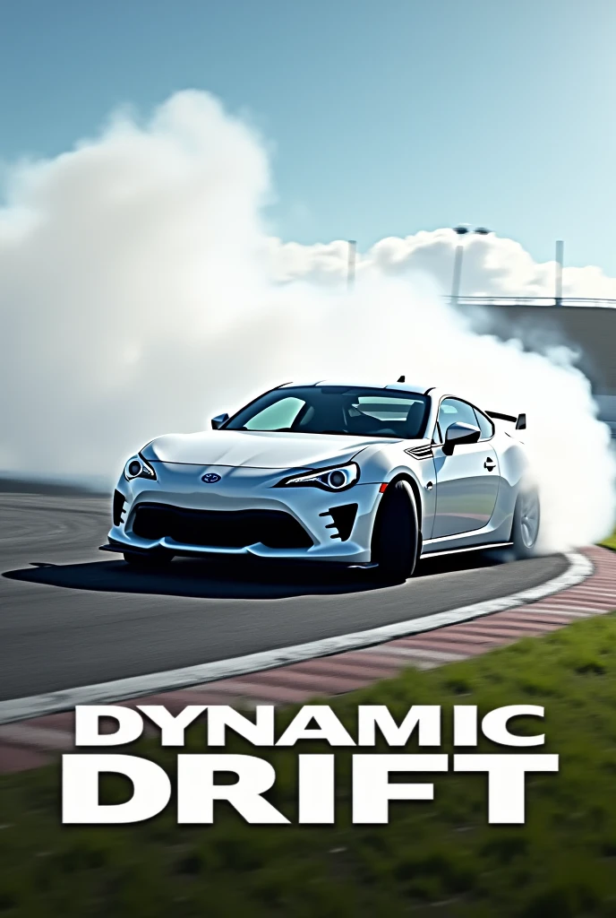 Create an image of a white car drifting around a corner with smoke coming out of it.
Now add something written below, but in English:
Dynamic Drift
Remove the '200' from the image, but keep the overall style of the image, just remove the '200'.
Just write 'Dynamic Drift' below and remove the red arrow on the track.