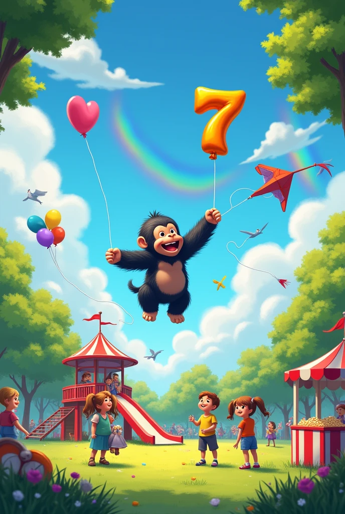 Children playing in the park, flying a kite and on a slide, a balloon vendor and a popcorn vendor, BLUE SKY, rainbow, TREES, birds flying, Ao fundo, emerging from behind the clouds a happy giant gorilla cub holding a balloon in the shape of the number 7