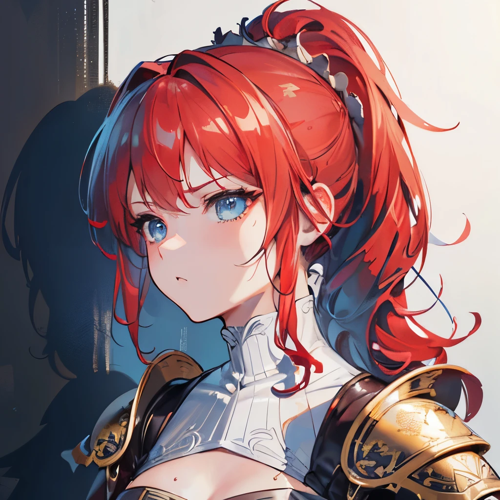 (8k, RAW photo, best quality, masterpiece:1.2), (realistic, photo-realistic:1.4), (extremely detailed CG unity 8k wallpaper), a full body (rogue:1.1) female wearing gold (leather armor:1.3), stiched worn out armor, (insanely detailed:1.5), gold and (white:1.5), Concept art portrait by Greg rutkowski, Artgerm, hyperdetailed intricately detailed gothic art trending on Artstation, fantastical, intricate detail, (small blue highlights:1), (redhead, wavy hair, high ponytail: 1.4)