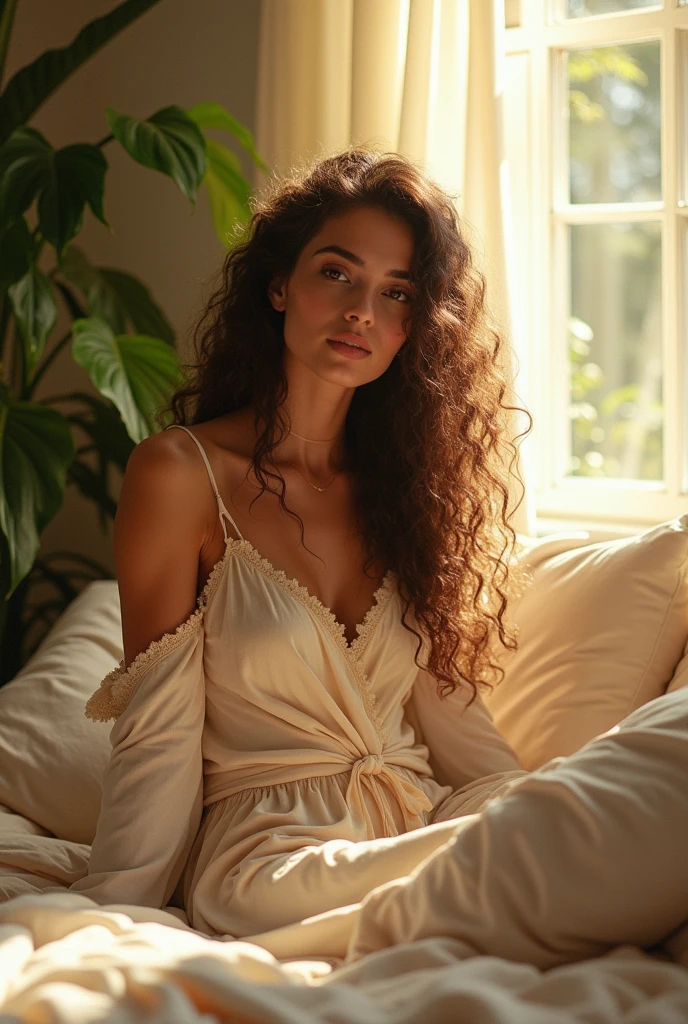 (photorealism:1.2), beautiful woman, sitting on bed, wearing loose off-shoulder top, pajama pants, long curly hair, indoors, soft lighting, plants in background, window with sunlight, cozy room, relaxed pose, realistic, intricate details, warm colors, by Greg Rutkowski, by Alphonse Mucha
