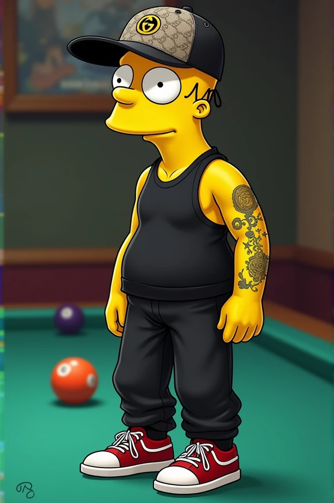 Bar Simpson wearing a Gucci cap, Gucci sneakers, by something wide, black long pants, tattoos on the arm, black clothes and a background of the 08 pool ball
