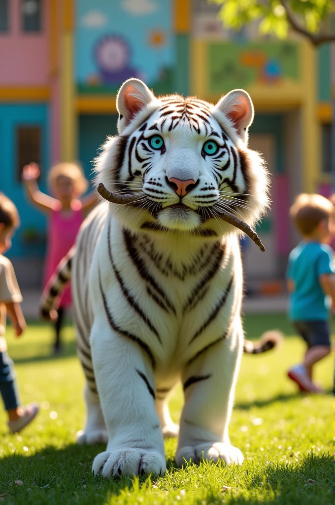 Brave white tiger holding a stick
in a schoolyard